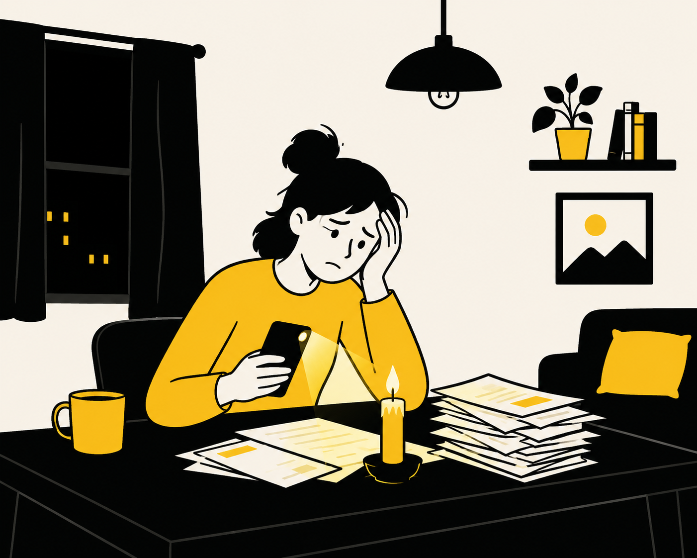 Woman at a dark table by candlelight, using her phone torch to read a stack of unpaid electricity bills